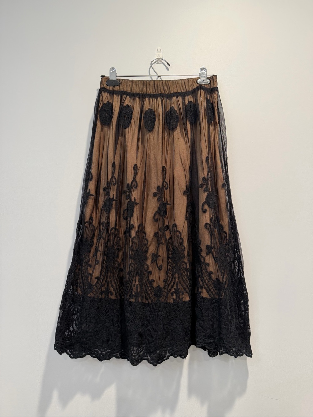 Black Lace Midi Skirt with Beige Lining Lapis